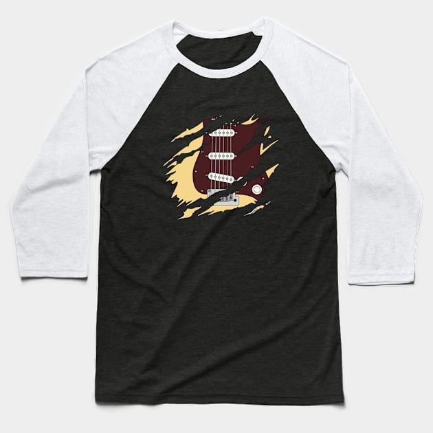 Ripped Electric Guitar S-Style Buttercream Color Baseball T-Shirt by nightsworthy